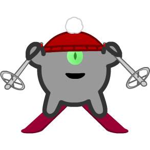 The Runner in her "Skier" costume, wearing red skis and a red hat with a large white pompom, carrying two ski poles. Partial art credit: Hasan Odom.