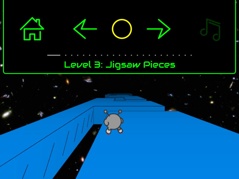 The Skater at the start of "Jigsaw Pieces." To his left is a gap in the floor; the wall of this gap is marked with diagonal slashes, indicating that if he can't catch on to that wall. The pause menu is open, showing a series of icons: a house, left and right arrows, a yellow circle, and a music note. These icons are drawn in one continuous stroke, except the note, which uses two strokes.